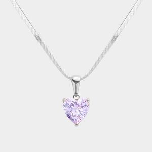 Purple Pendant Necklace Heart CZ Stainless Steel Jewelry Silver